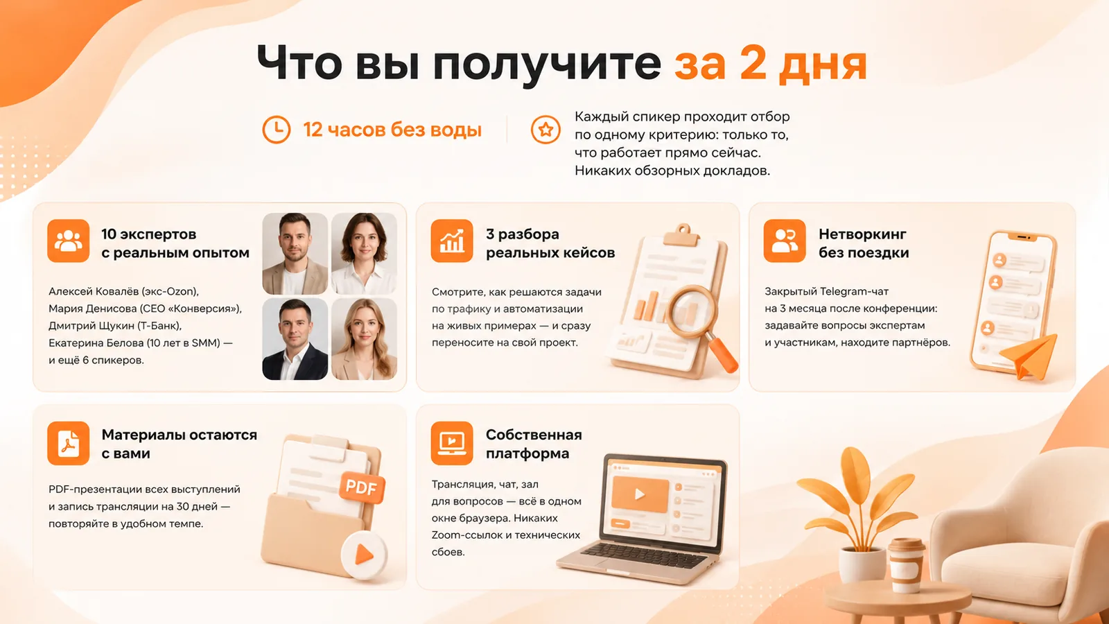 Что вы получите за 2 дня: 12 часов без воды, 10 экспертов с реальным опытом, 3 разбора кейсов, нетворкинг, материалы и запись, собственная платформа